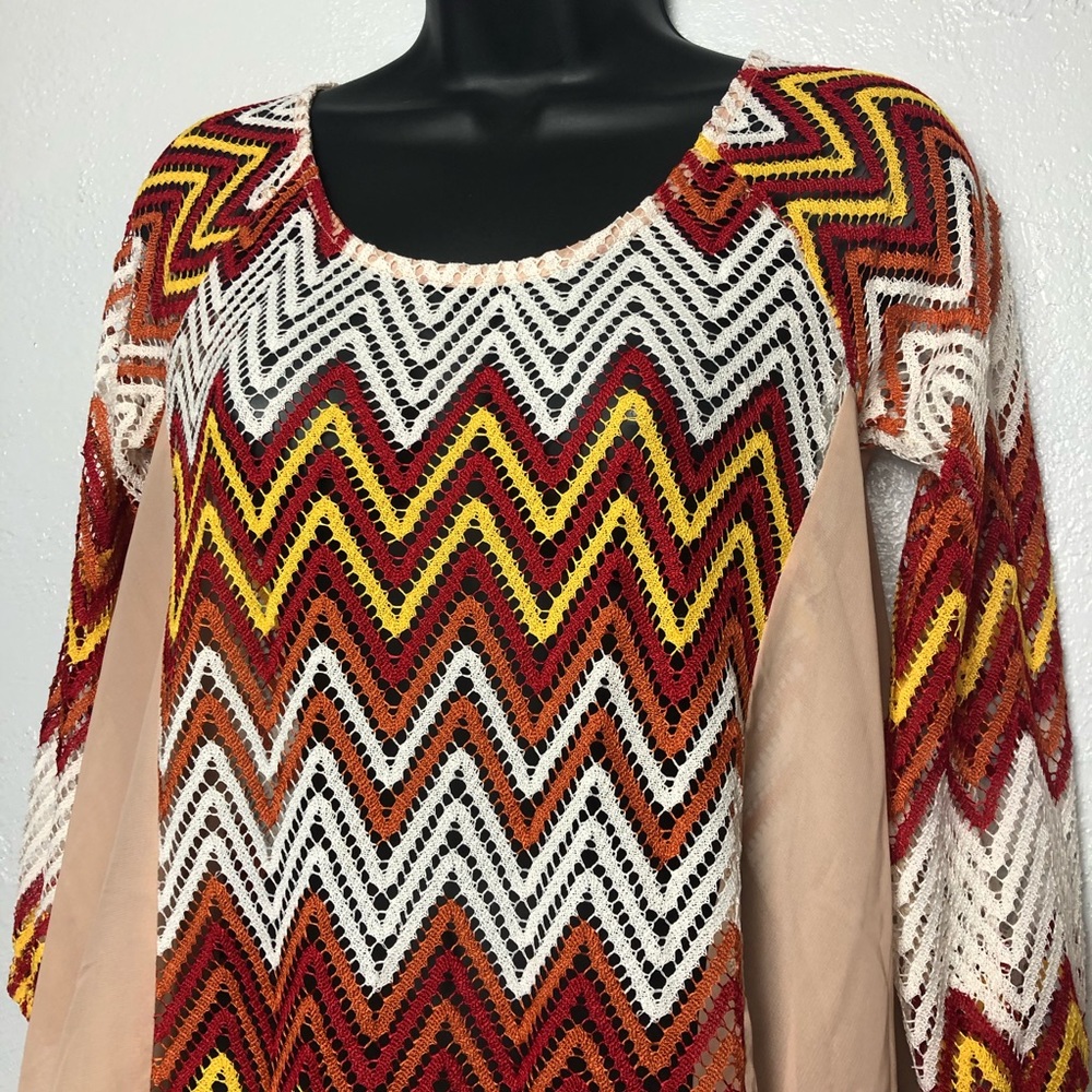 A’REVE chevron striped fall fire crochet knit shirt blouse sheer layers Sz Small - Picture 2 of 15